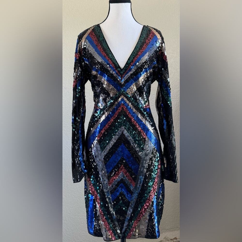 Express Sequin Bodycon Dress Long Sleeve Stretchy | Size L